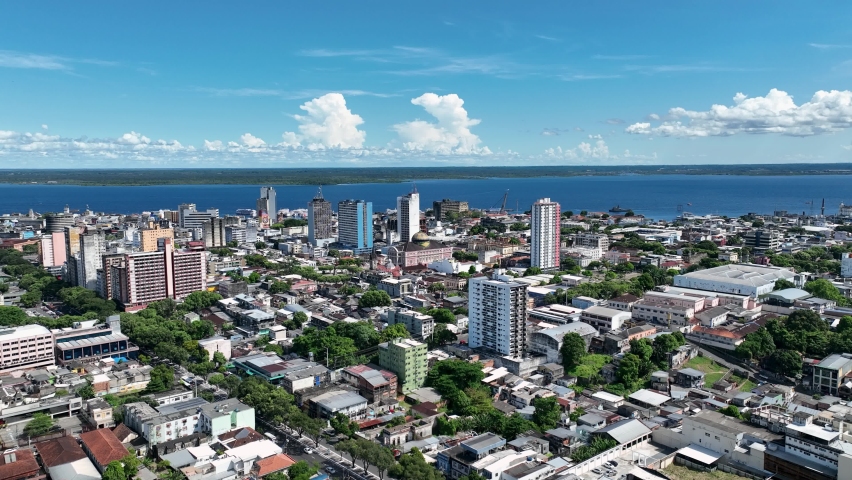 Aerial downtown city of Manaus Amazonas Brazil. Downtown Manaus, state of Amazonas Brazil. Amazon riverside. Tropical Amazon forest landmark at Manaus Amazonas Brazil. Nature landscape. Manaus Brazil. Royalty-Free Stock Footage #1091120167