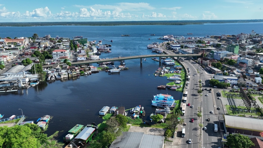 Manaus Brazil. Downtown Manaus, state of Amazonas Brazil. Amazon riverside. Tropical Amazon forest landmark at Manaus Amazonas Brazil. Nature landscape. Aerial downtown city of Manaus Amazonas Brazil.
