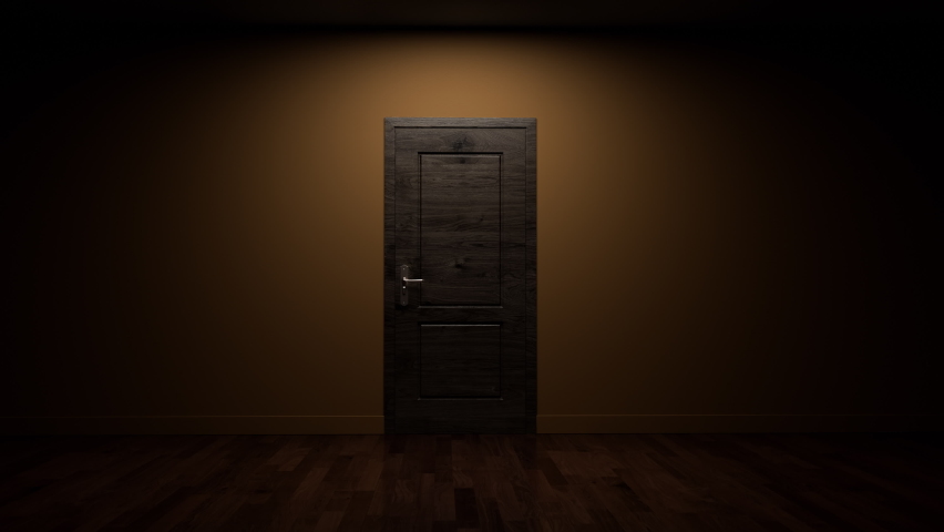 Door opens and bright light floods. The door opens and bright light floods a dark room. It can be used as a concept of new innovations, future, and hope, a new beginning, or a win of a fight for freed Royalty-Free Stock Footage #1091123483