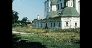 Assumption Yelets Monastery Chernihiv in summer Ukraine. Christian church. Orthodox Christian cathedral religion temple architecture on blue sky. Vintage color film. Retro 80s archive. 1980s-1990s
