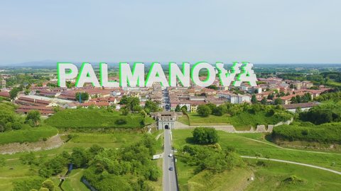 Inscription on video. Palmanova, Udine, Italy. An exemplary fortification project of its time was laid down in 1593. Glitch effect text, Aerial View