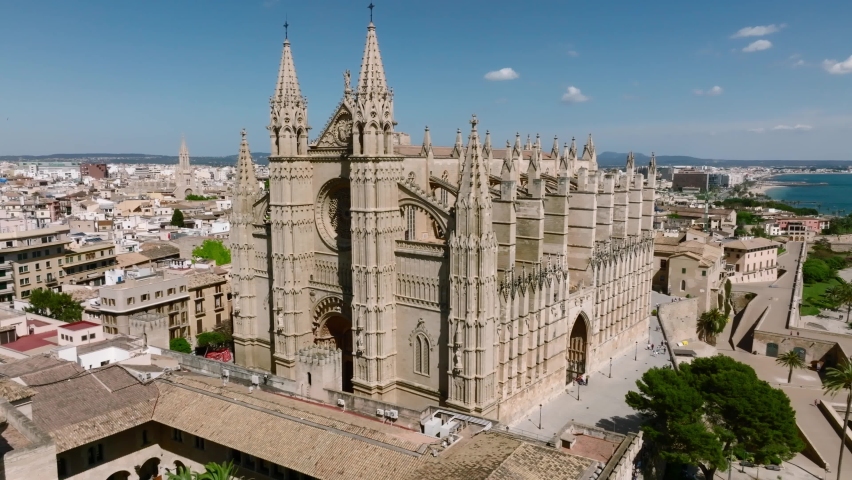 Aerial view of La Seu, the gothic medieval cathedral of Palma de Mallorca in Spain.