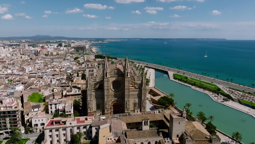 Aerial view of La Seu, the gothic medieval cathedral of Palma de Mallorca in Spain.
