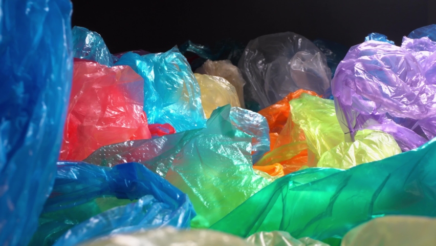 Single Use Plastic Grocery Bags, LDPE Recycle. Plastic Packaging Pollution. Plastic trash in landfills and the ocean Royalty-Free Stock Footage #1091135223