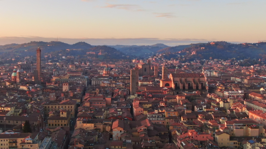 bologna city aerial view drone,wide shot of historic center and saint petronio basilica asinelli tower at sunrise Royalty-Free Stock Footage #1091137807
