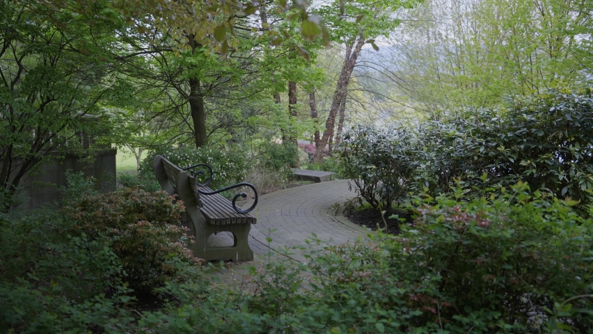 Picturesque bench next to cobblestone path surrounded by vegetation in Coal Harbour park area, Vancouver, British Columbia, Canada