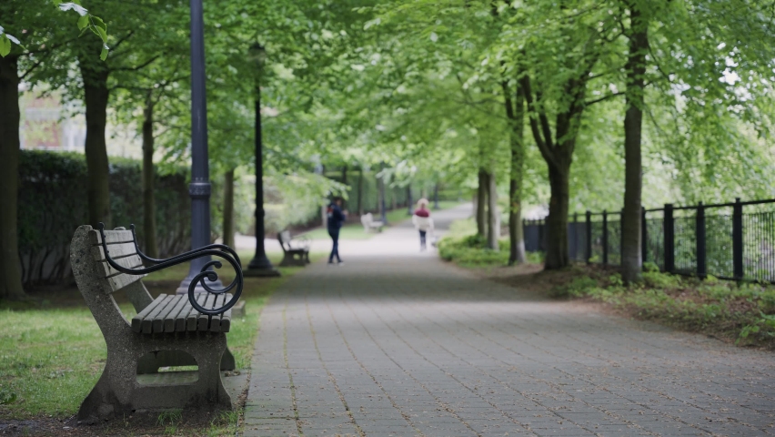 People walking in cobblestone path surrounded by trees and benches in Coal Harbour park area, Vancouver, British Columbia, Canada