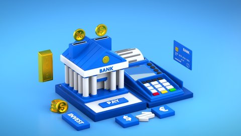 Banking system animation with credit card, payment terminal, gold coins and bar