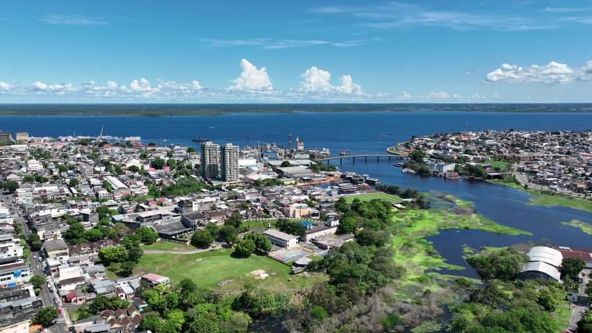 Downtown Manaus Amazonas Brazil. Capital city of Amazonas State near Amazon river and Amazon forest. Tropical destination. Tropical travel. Tourism landmark.  Outdoors urban scenery. Manaus Brazil.