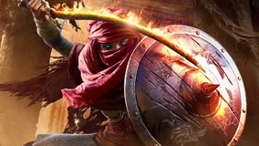 A charming Arab warrior woman with blue eyes, she stands in a fighting stance in the sandy temple, scratching her shield with fiery sword, hiding her face under mask. clean looped 2d animation  - Powered by Shutterstock - Get 15% off with code: PIKWIZARD15