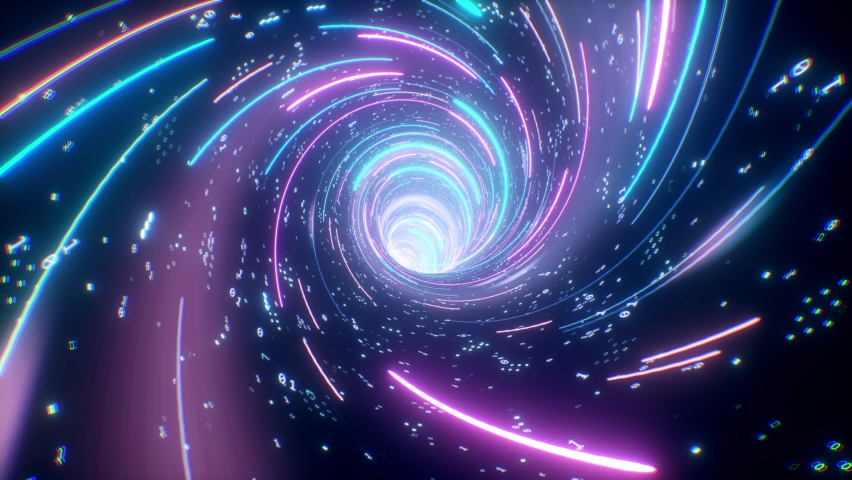 Flying inside digital data tunnel seamless loop. Futuristic abstract background with neon rays. Concept for big data, blockchain, cryptocurreny, internet, hyperspace and space travel. 4k 3D animation | Shutterstock HD Video #1091161685