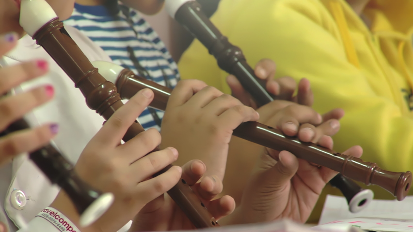 Children Practicing Flute in Classroom at Primary School, Argentina - Close Up - 4K