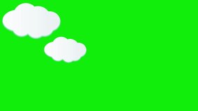 4K animation of cartoon raindrops falling from the clouds. Cloud video running. Is raining. Vector illustration isolated on a green background.