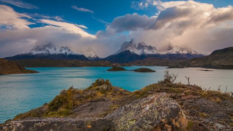 Sunset over the lake Pehoe. Parque Torres del Paine, Patagonia, Chile