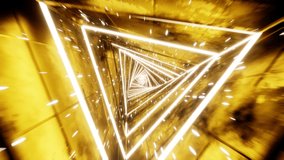 Flying through endless luminous tunnel. Construction with golden glowing hexagons. Hyperloop. 3d rendering illustration. Background pattern for design . Loops video.