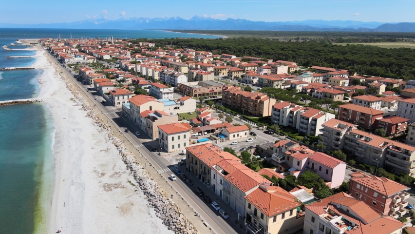 Amazing aerial view of Marina di Pisa coastline, Tuscany Royalty-Free Stock Footage #1091184357