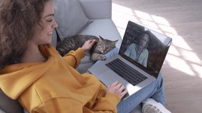 Happy young latin woman sitting on sofa playing with cat at home holding laptop on lap video calling distance friend by webcam meet online chat on screen talking using computer. 