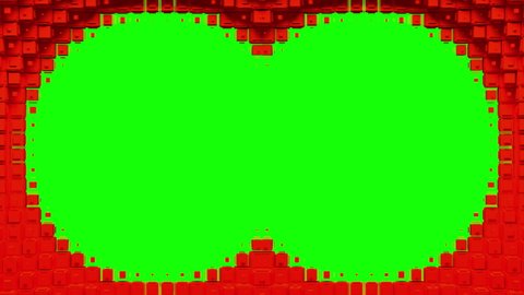 Red voxels form two circular holes and white rings which diverge from the center of screen. Abstraction on green chroma key, 3D animated intro.