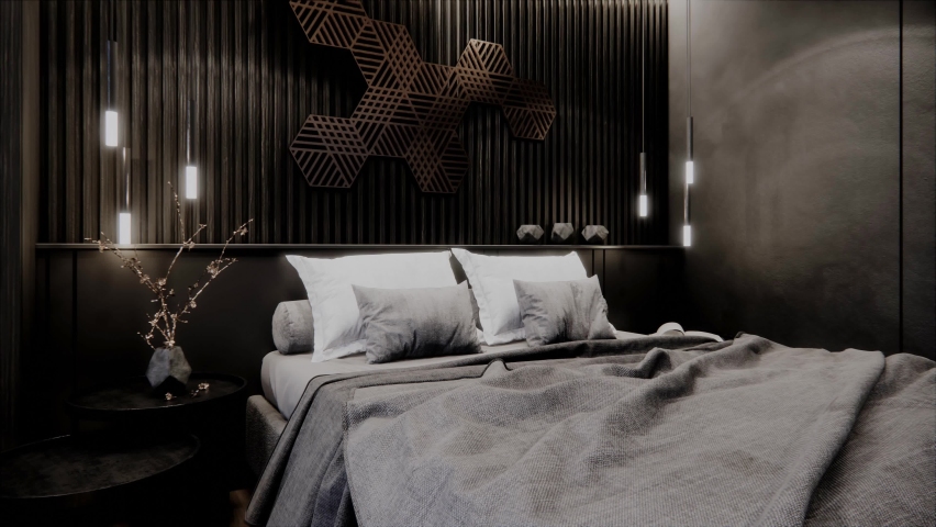 Luxury and dark tone bedroom interior design and decoration with grey bed and bedsheet white pillow dark grey wall and carpet, black night table. 3d rendering 4K video animation of master bedroom. Royalty-Free Stock Footage #1091191369