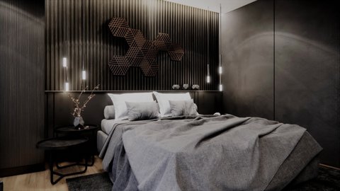 Luxury and dark tone bedroom interior design and decoration with grey bed and bedsheet white pillow dark grey wall and carpet, black night table. 3d rendering 4K video animation of master bedroom.