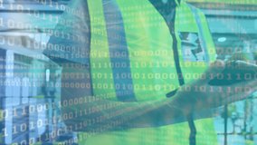 Binary coding data processing against caucasian male engineer using digital tablet at a factory. engineering and renewable energy concept - Powered by Shutterstock - Get 15% off with code: PIKWIZARD15