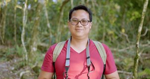 Close up, Portrait Young tourist man wearing casual clothing and eyeglasses with backpack raise up digital camera in hands take a photo with smile and looking to camera