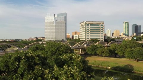 Drone footage of downtown Fort Worth Texas and Trinity River by 7th Street Bridge