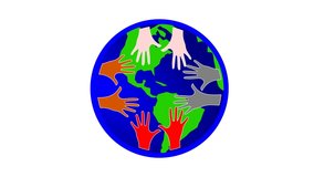 Animated video of the earth rotating and the hands of the world also rotating in opposite directions. This illustrates that people from all nations must unite for world peace