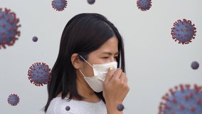 Asian woman or patient cough with 3d rendering corona virus cells 4k footage