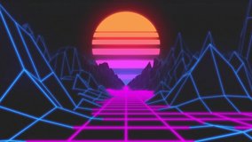 80s style Retro Sci-Fi futuristic landscape. Vapor wave 3D animation. Synth-wave digital neon grids, sun and mountains. 4K
