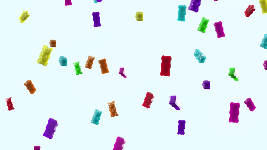 Slow Motion. Seamless loop background. Gummy bears candy. Colorful jelly candy bears falling on light blue background. Gummy bears 4K, Ultra HD resolution stock footage Royalty-Free Stock Footage #1091200991