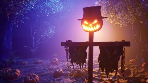 A scary scarecrow with a luminous pumpkin in a hat. Forest glade with pumpkins and forest mushrooms against the background of a night foggy forest. Holiday Halloween.