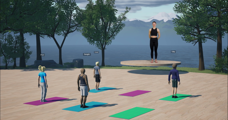 Virtual reality - people playing as avatars participating in yoga training event in metaverse with real female coach. Online workout training, VR or mobile fitness application  Royalty-Free Stock Footage #1091208127