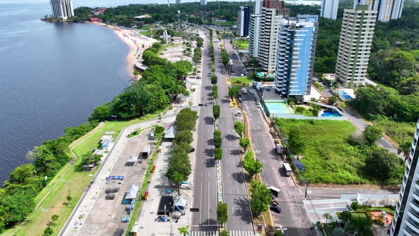 Downtown Manaus Brazil. Capital city of Amazonas State near Amazon river and Amazon forest. Tropical destination. Tropical travel.  Tourism landmark. Outdoors urban scenery. Manaus Amazonas Brazil.