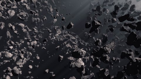 Asteroid field in deep space 3d render animation, Linear slow Zoom-in Camera Shot, with volumetric light and big asteroid or dwarf planet in distant background