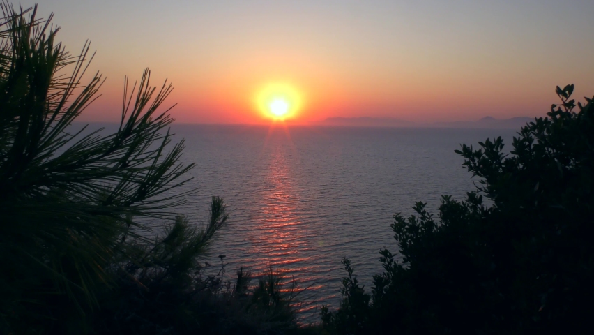 Sunset over the sea through a gap of coastal vegetation.