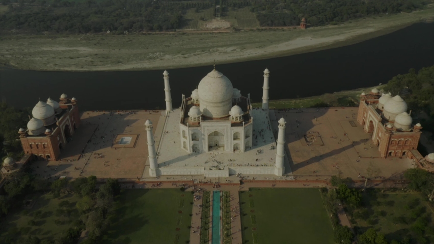 Aerial view of the Taj Mahal along Yamuna river, Tajganj, Agra, Uttar Pradesh, India.