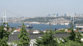 Wonderful Istanbul Bosphorus view top angle shot buildings Sea green Nature Tourism travel sightseeing vacation Istanbul Turkey 4K video shooting different perspective angles buying now. 