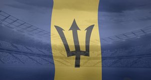Animation of waving flag of barbados over sport stadium. Sports, competition, entertainment and technology concept digitally generated video.