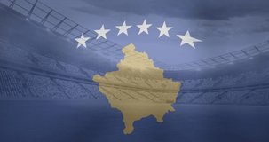 Animation of flag of kosovo over sports stadium. Global sport and digital interface concept digitally generated video.
