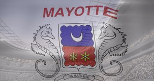 Animation of flag of mayotte over sports stadium. Global sport and digital interface concept digitally generated video.