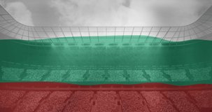 Animation of flag of bulgaria over sports stadium. Global sport and digital interface concept digitally generated video.