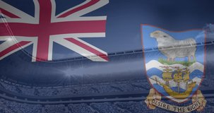 Animation of flag of falkland islands over sports stadium. Global sport and digital interface concept digitally generated video.