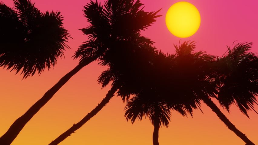 Pan through Palm Trees. Bottom view of coconut palm trees in sunshine. 3d Synthwave animated background. Seamless loop. Royalty-Free Stock Footage #1091227085