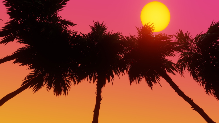 Pan through Palm Trees. Bottom view of coconut palm trees in sunshine. 3d Synthwave animated background. Seamless loop. | Shutterstock HD Video #1091227085
