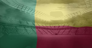 Animation of flag of benin over sports stadium. Global sport and digital interface concept digitally generated video.