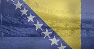 Animation of flag of bosnia and herzegovina over sports stadium. Global sport and digital interface concept digitally generated video.
