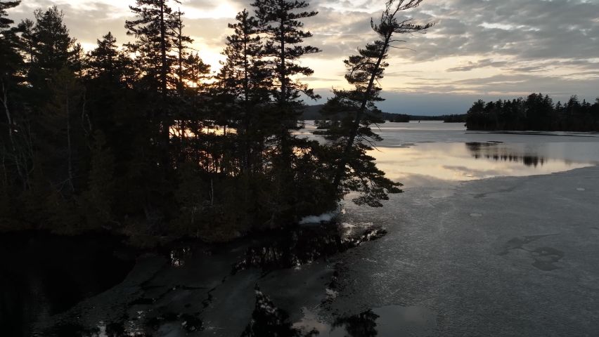 Trees stretching over frozen lake against setting sun Winter
