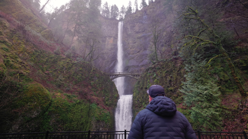 Man visiting Multnomah Falls below the bridge surrounded with lush greenery. Lonely traveler enjoys picturesque grove with water flowing down the rock. High quality 4k footage
