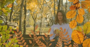 Animation of leaves falling over caucasian man in park. Nature, autumn and digital interface concept digitally generated video.